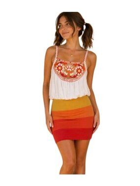Womens Boho Crochet Floral Bodycon Colorblock Mini Dress Hippie Festival Summer